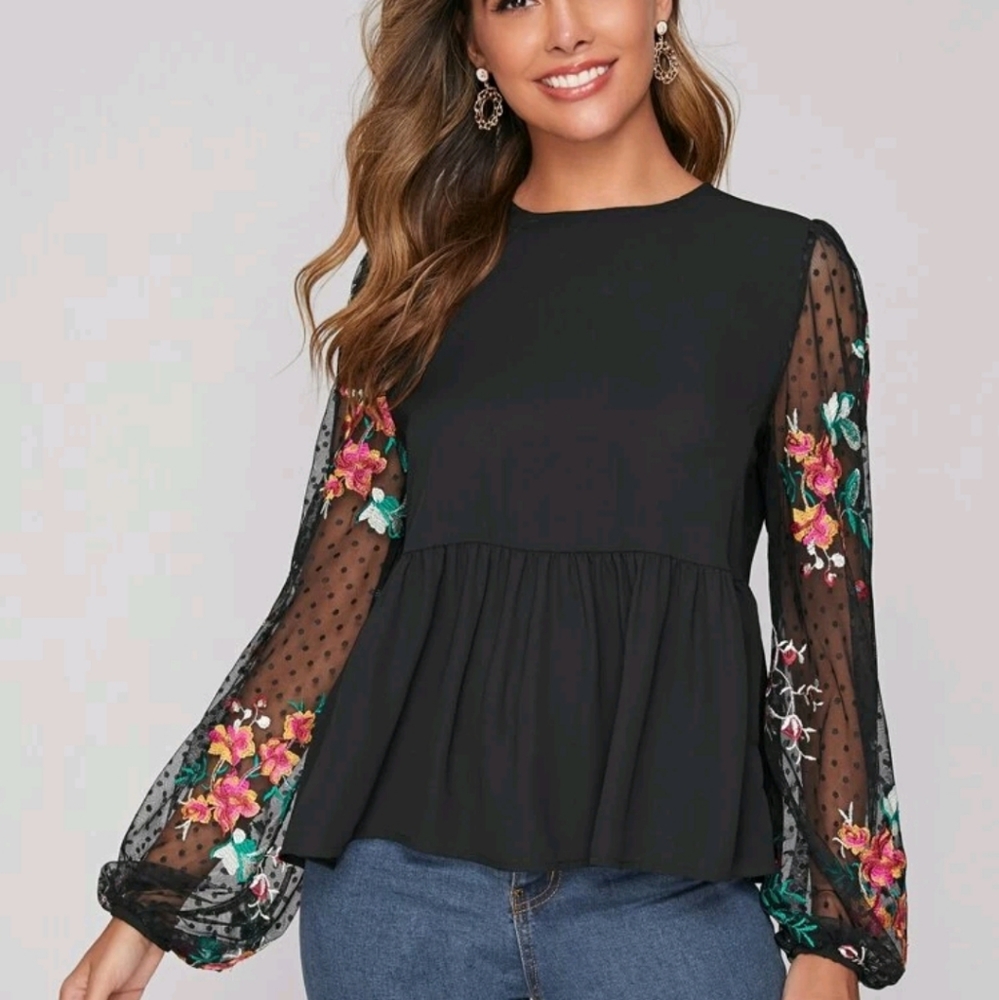 BOGO NWOT dot mesh floral embroidered peplum top